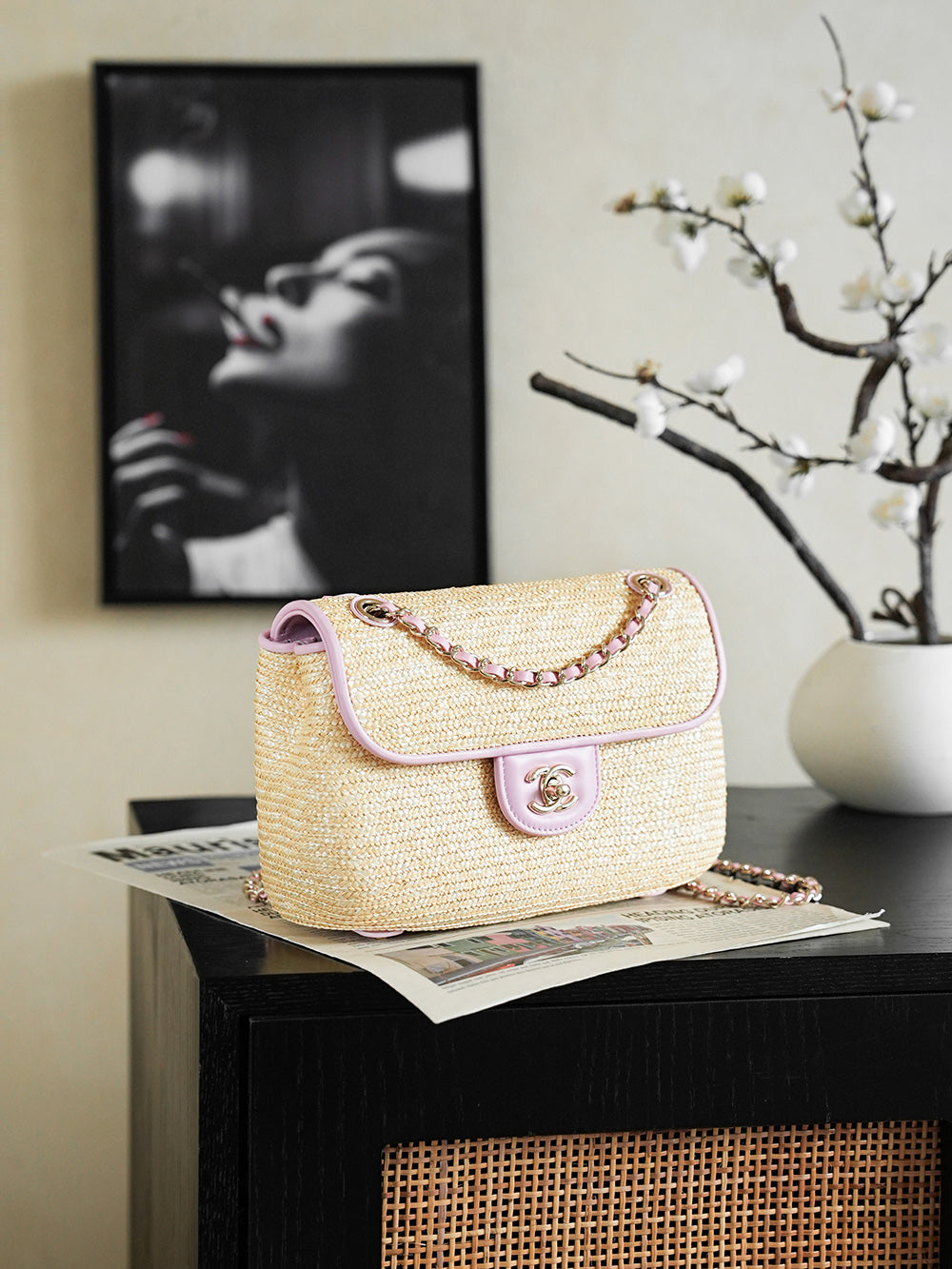 CC 25/26 Smal Flap Bag 23cm Beige Light Pink Straw Lambskin