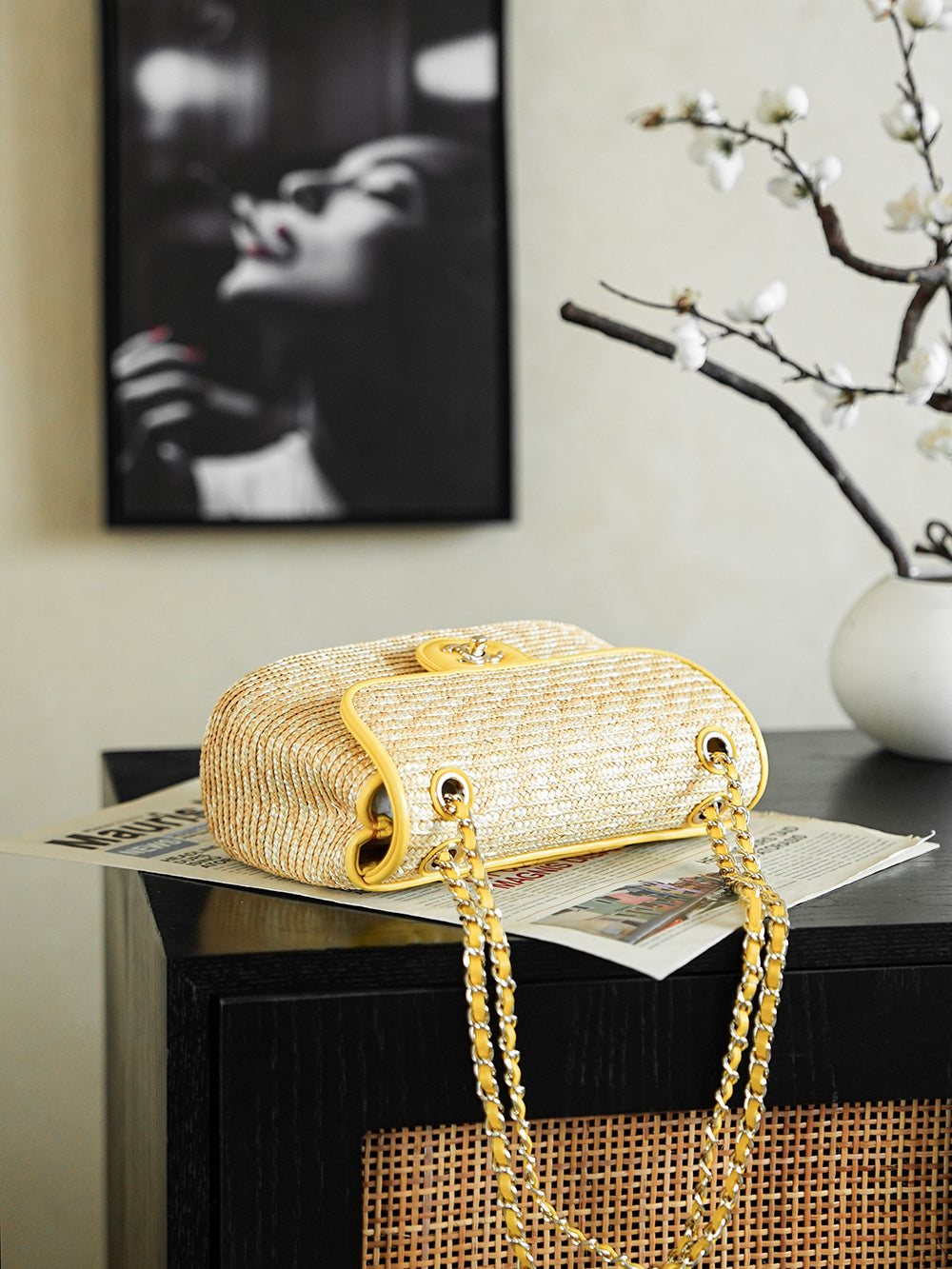 CC 25/26 Smal Flap Bag 23cm Beige Yellow Straw Lambskin