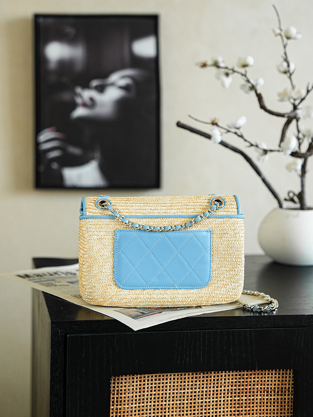 CC 25/26 Smal Flap Bag 23cm Beige Blue Straw Lambskin
