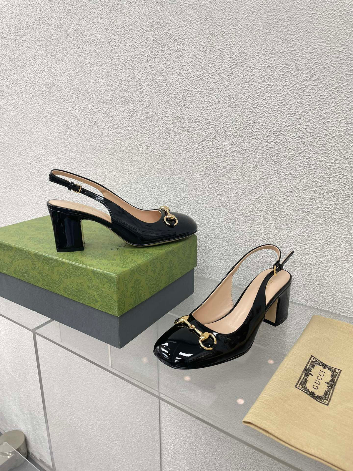 GG WOMEN'S HORSEBIT SLINGBACK 65MM IN BLACK CALFSKIN