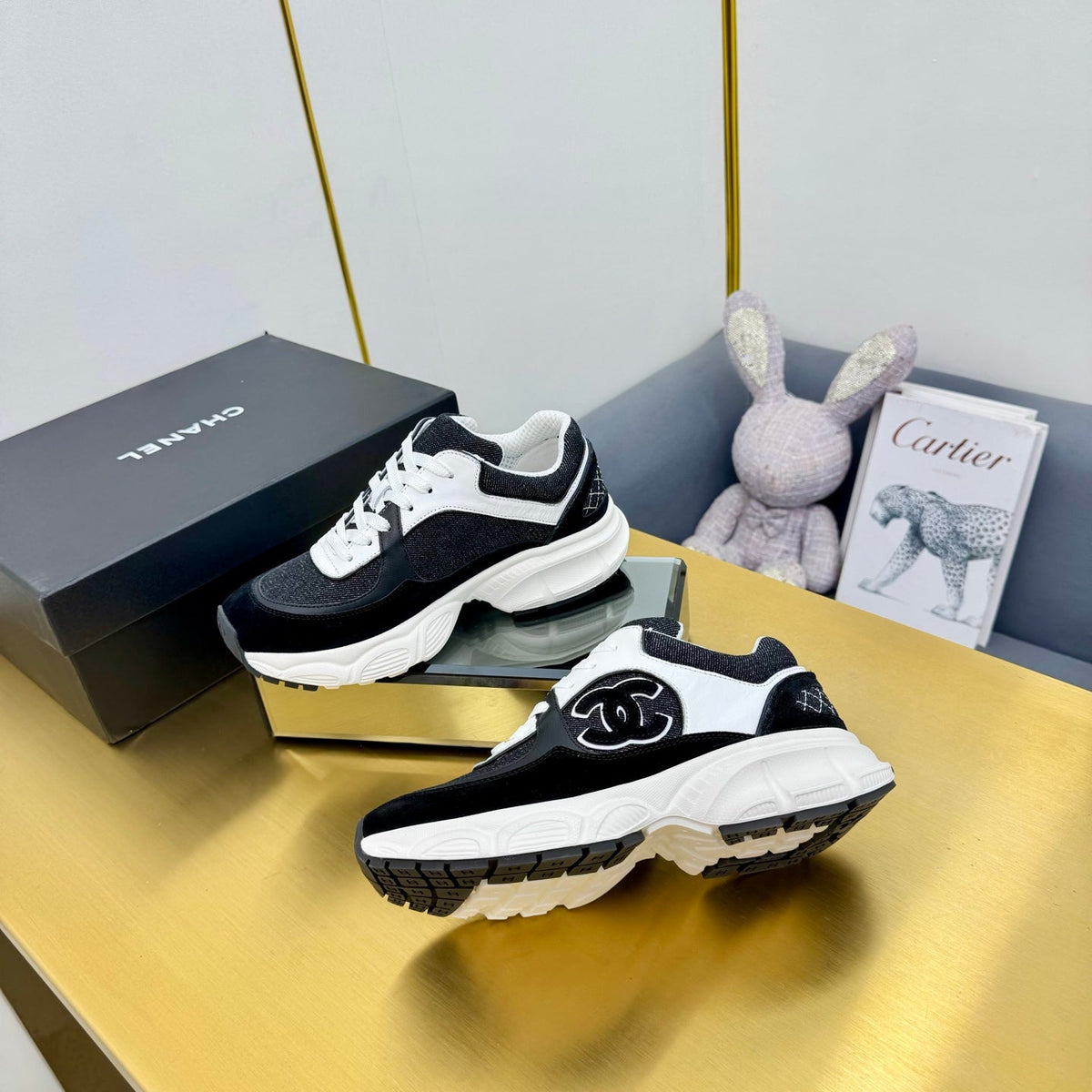 CC 26s Chunky Sneakers White Black Denim Suede 927332