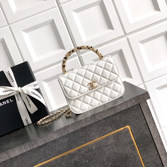 CC Mini Flap Bag 17.5 With Handle White Lambskin