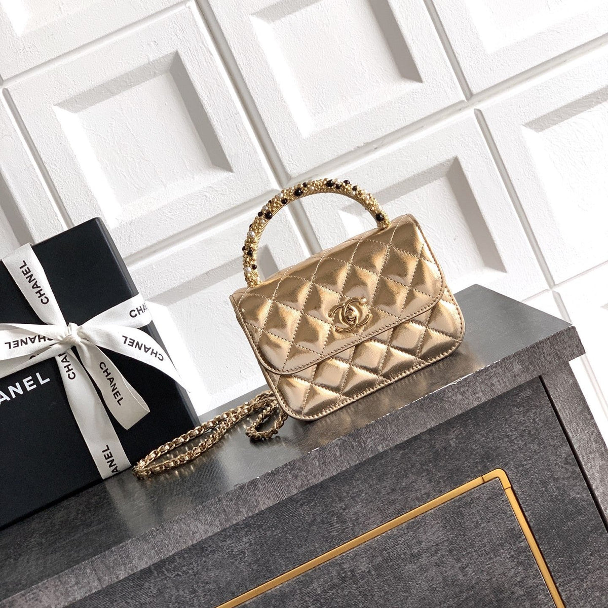 CC Mini Flap Bag 15 With Handle Gold Metalic Lambskin