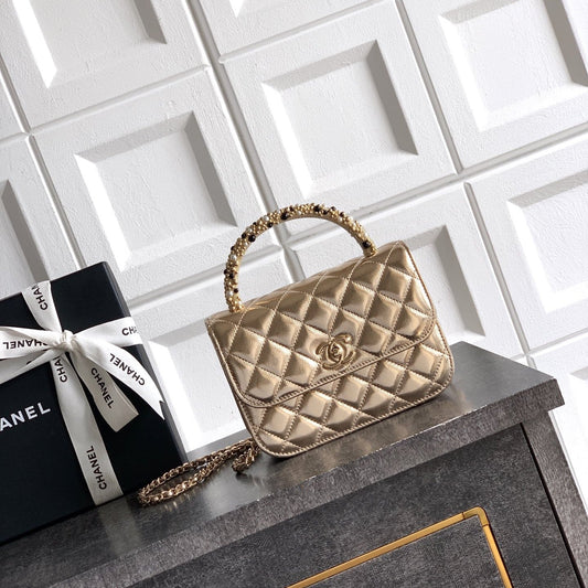 CC Mini Flap Bag 17.5 With Handle Gold Metalic Lambskin