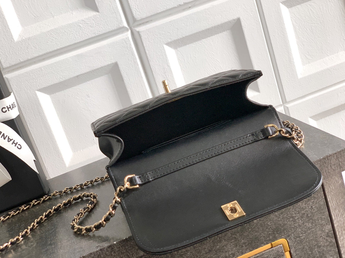 CC Mini Flap Bag 17.5 With Handle Black Lambskin