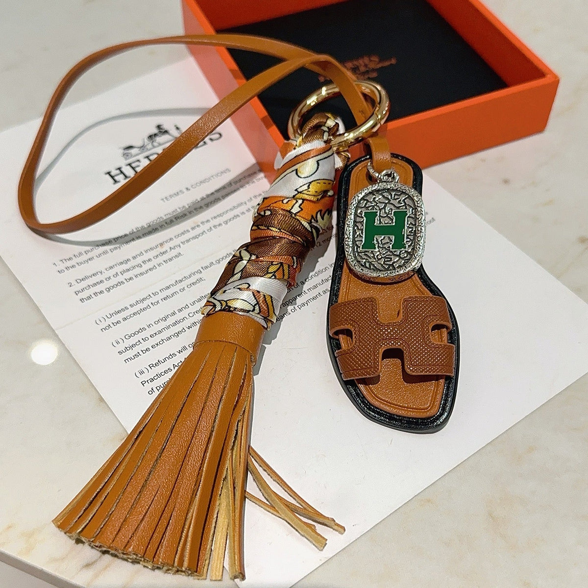 HM Brown Sandal With Twilly Scarf Charm With Silver Logo