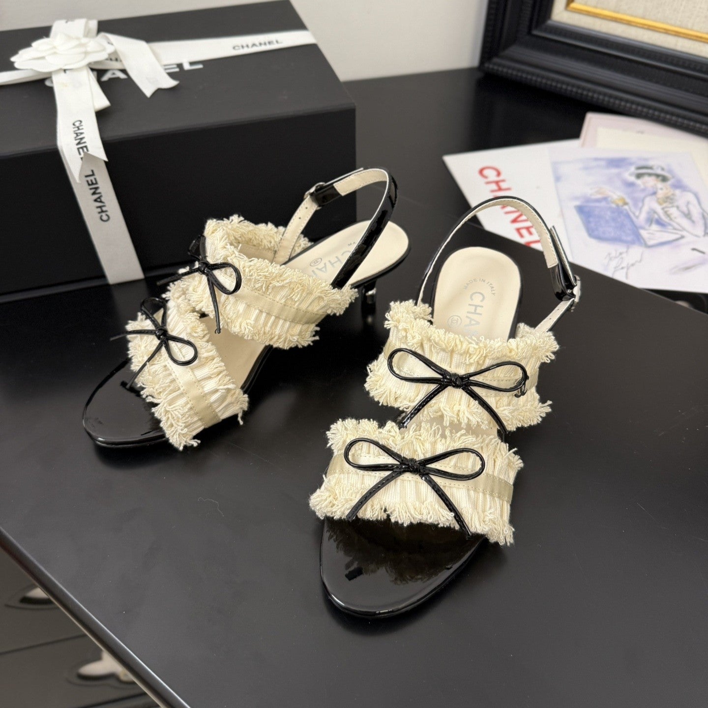 cc25 slingback sandal ̣65mm bow black grosgrain white canvas 233589