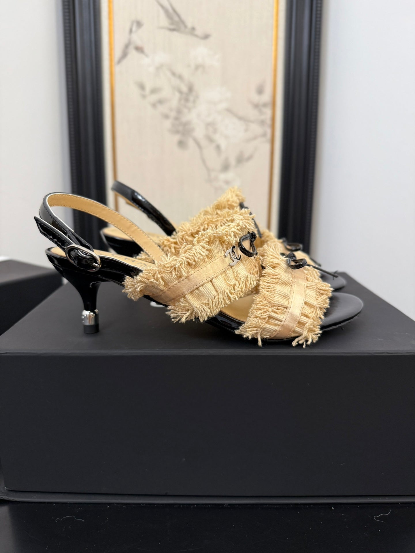 cc25 slingback sandal ̣65mm bow black grosgrain gold canvas 233590