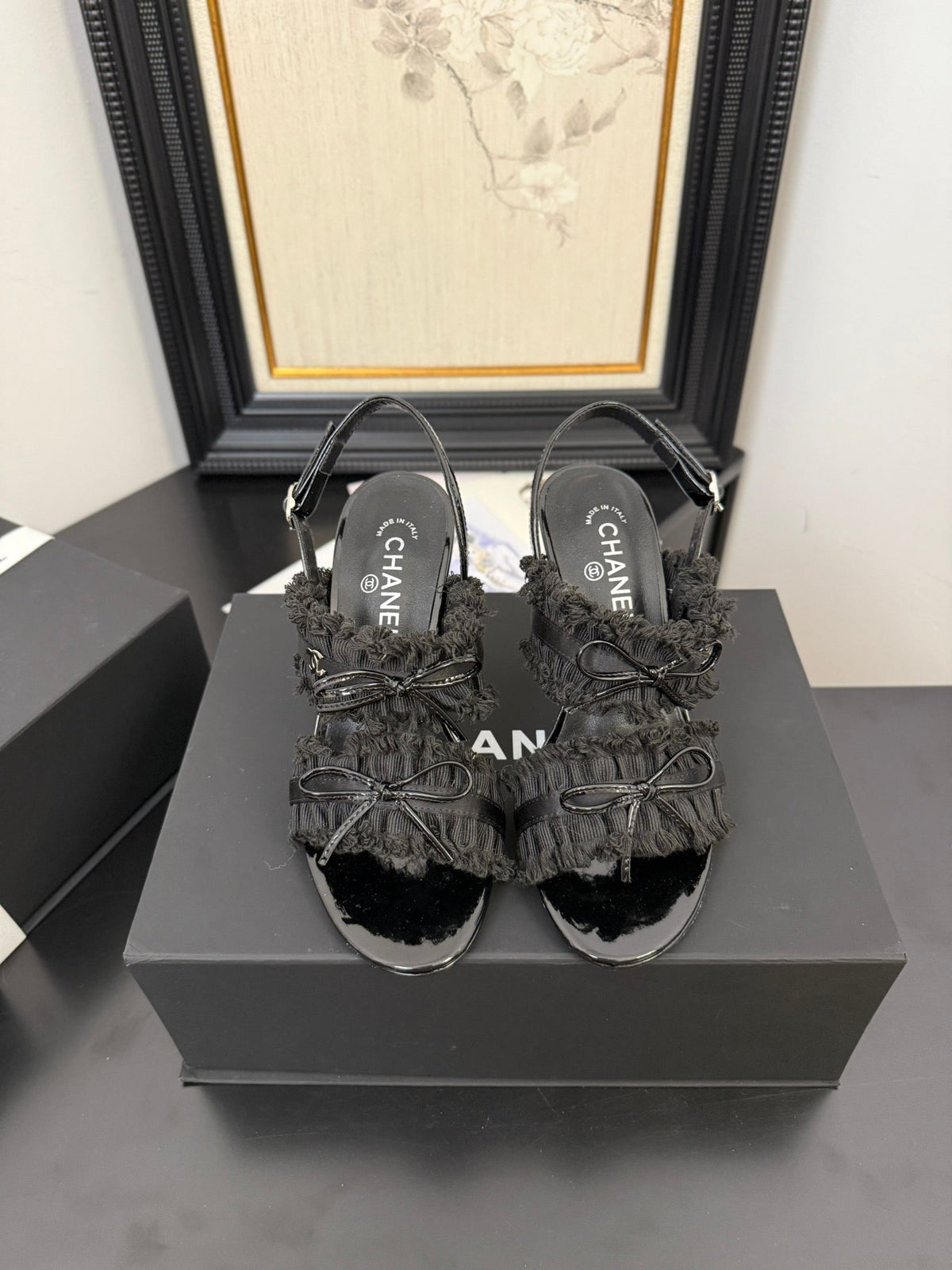 cc25 slingback sandal ̣90mm bow black grosgrain canvas 233596