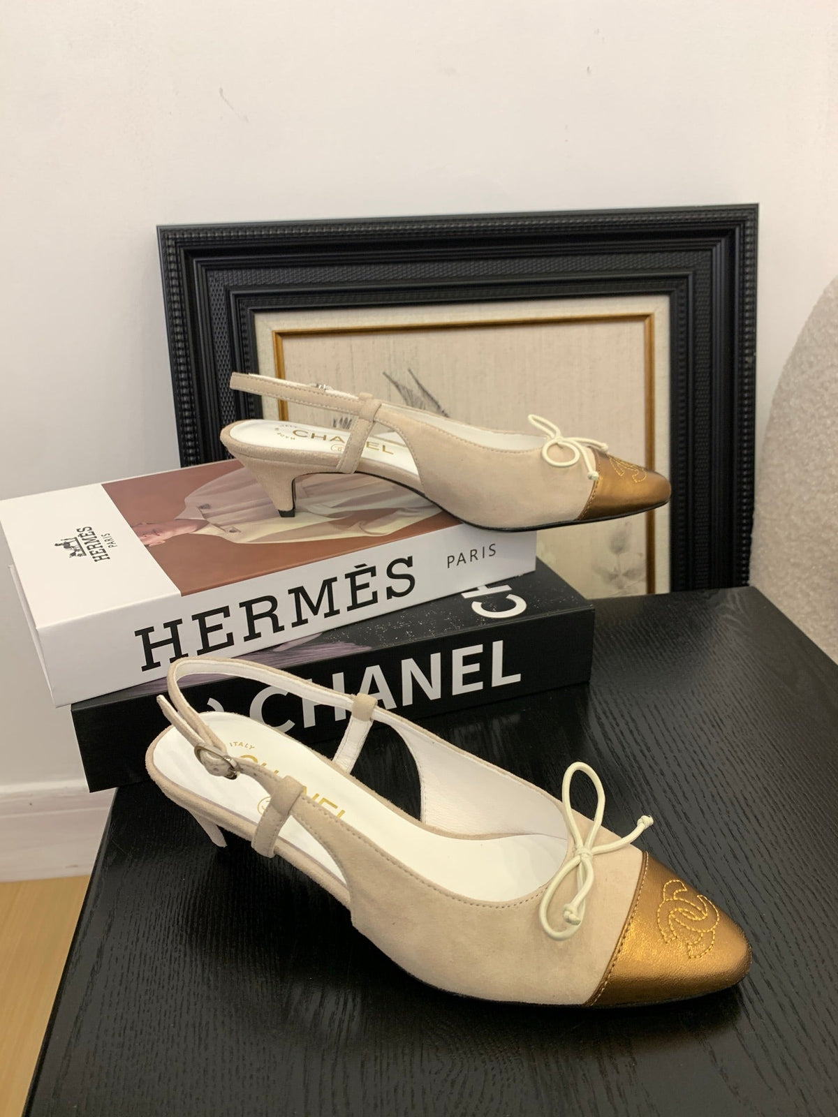 CC 25 Slingbacks 45 Bow With Beige Suede Mix Gold Sheepskin 277673