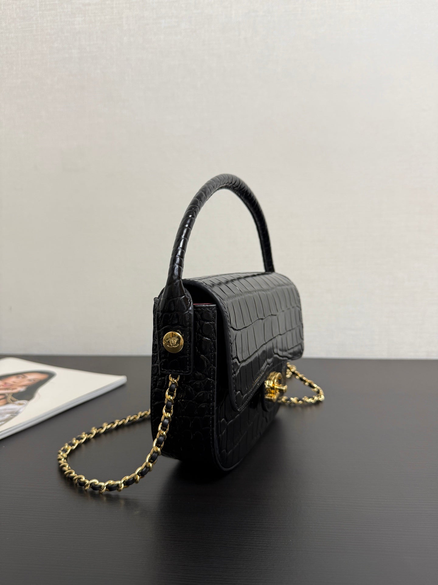 CC Mini Flap Bag with Top Handle Black Crocodile Embossed Calfskin