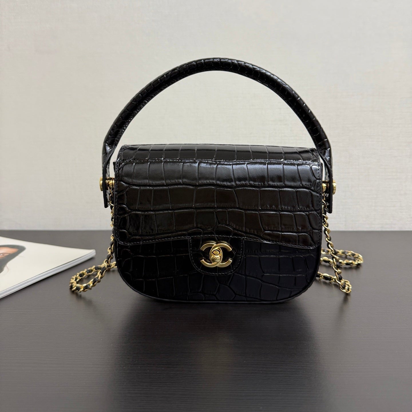 CC Mini Flap Bag with Top Handle Black Crocodile Embossed Calfskin