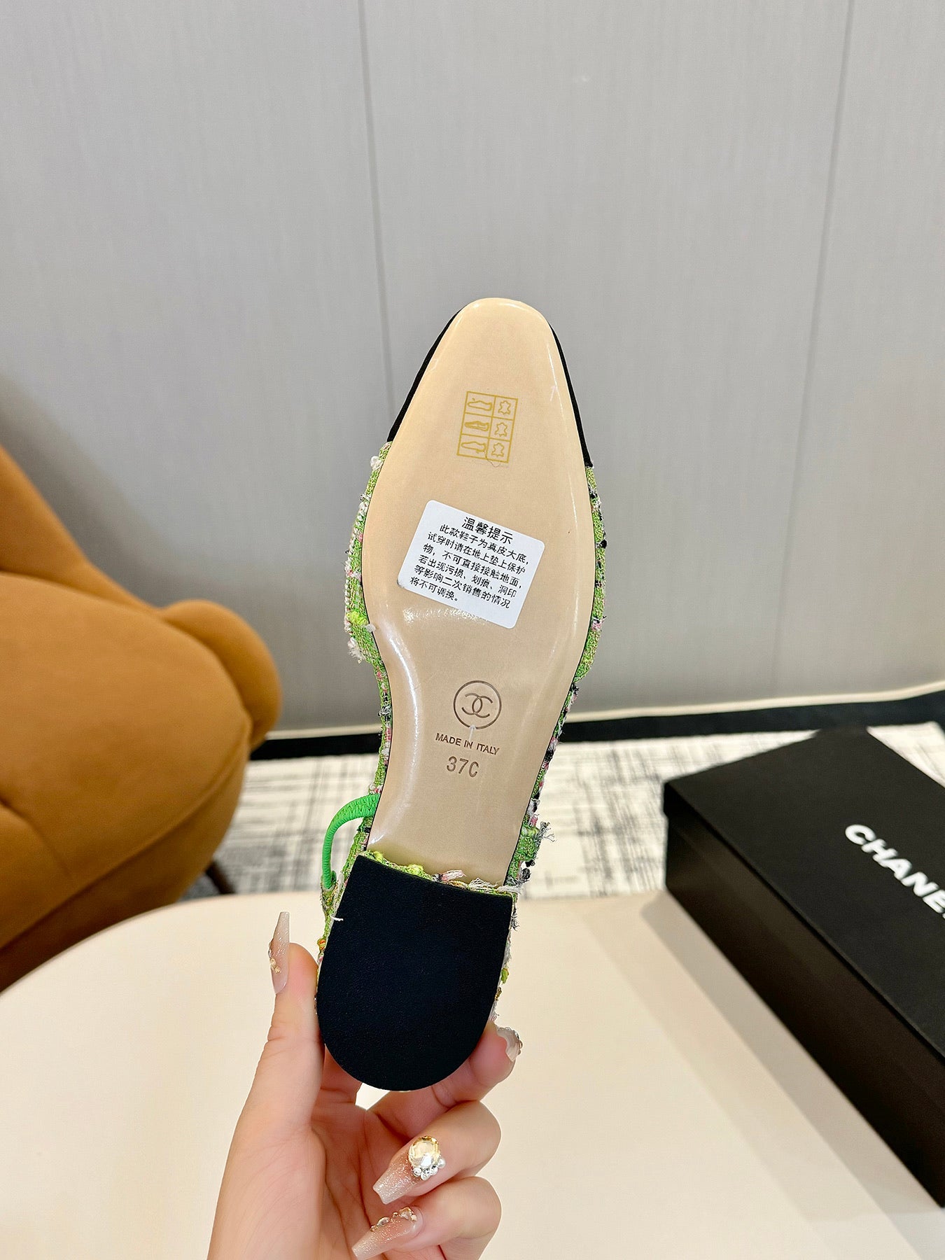 cc 25c slingback flat green tweed black grosgrain 233611