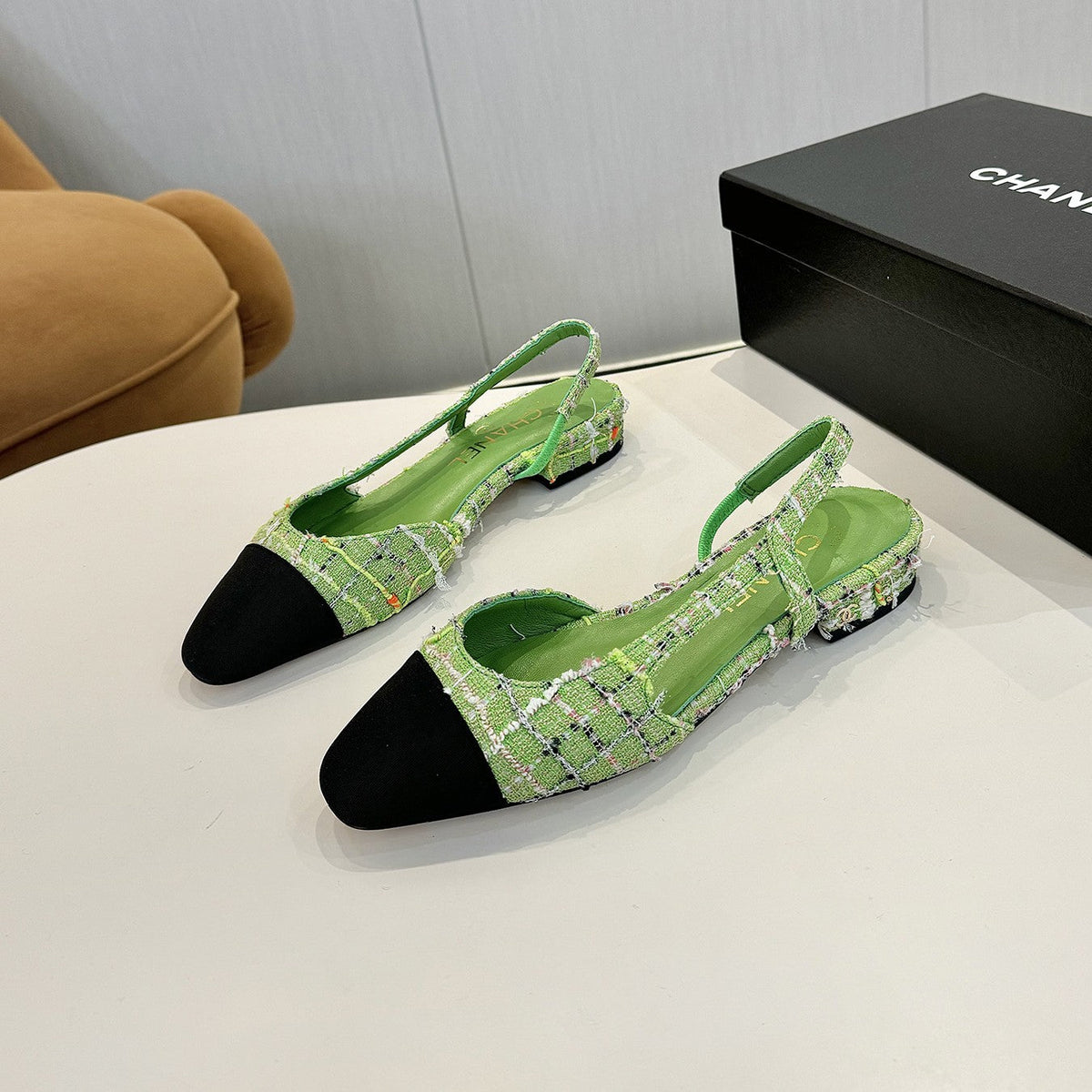 cc 25c slingback flat green tweed black grosgrain 233611