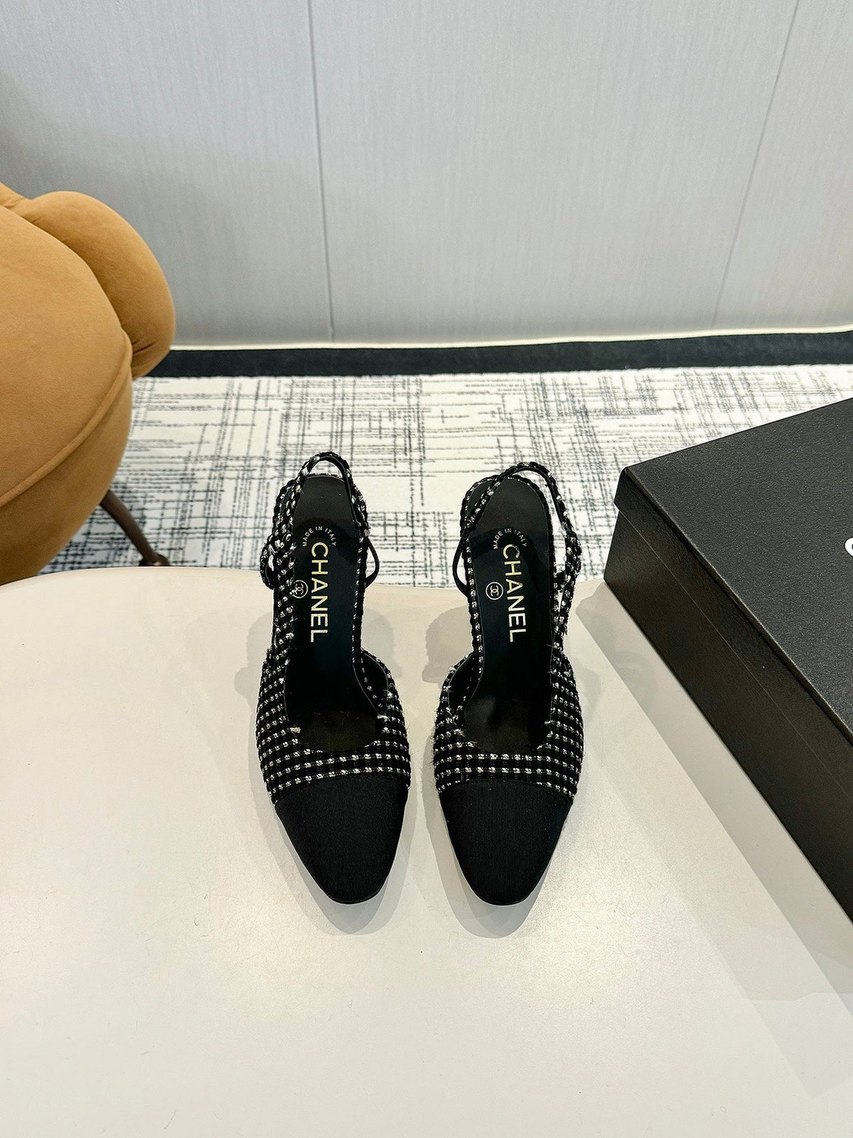 cc 25c slingback 90 black white tweed black grosgrain 233616