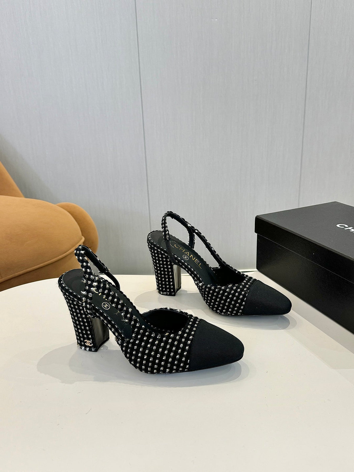 cc 25c slingback 90 black white tweed black grosgrain 233616