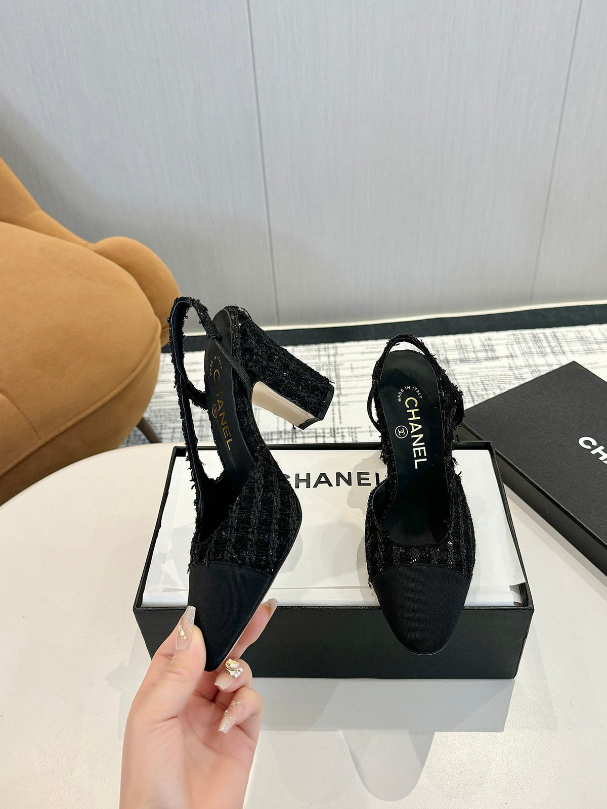 cc 25c slingback 90 black tweed black grosgrain 233621