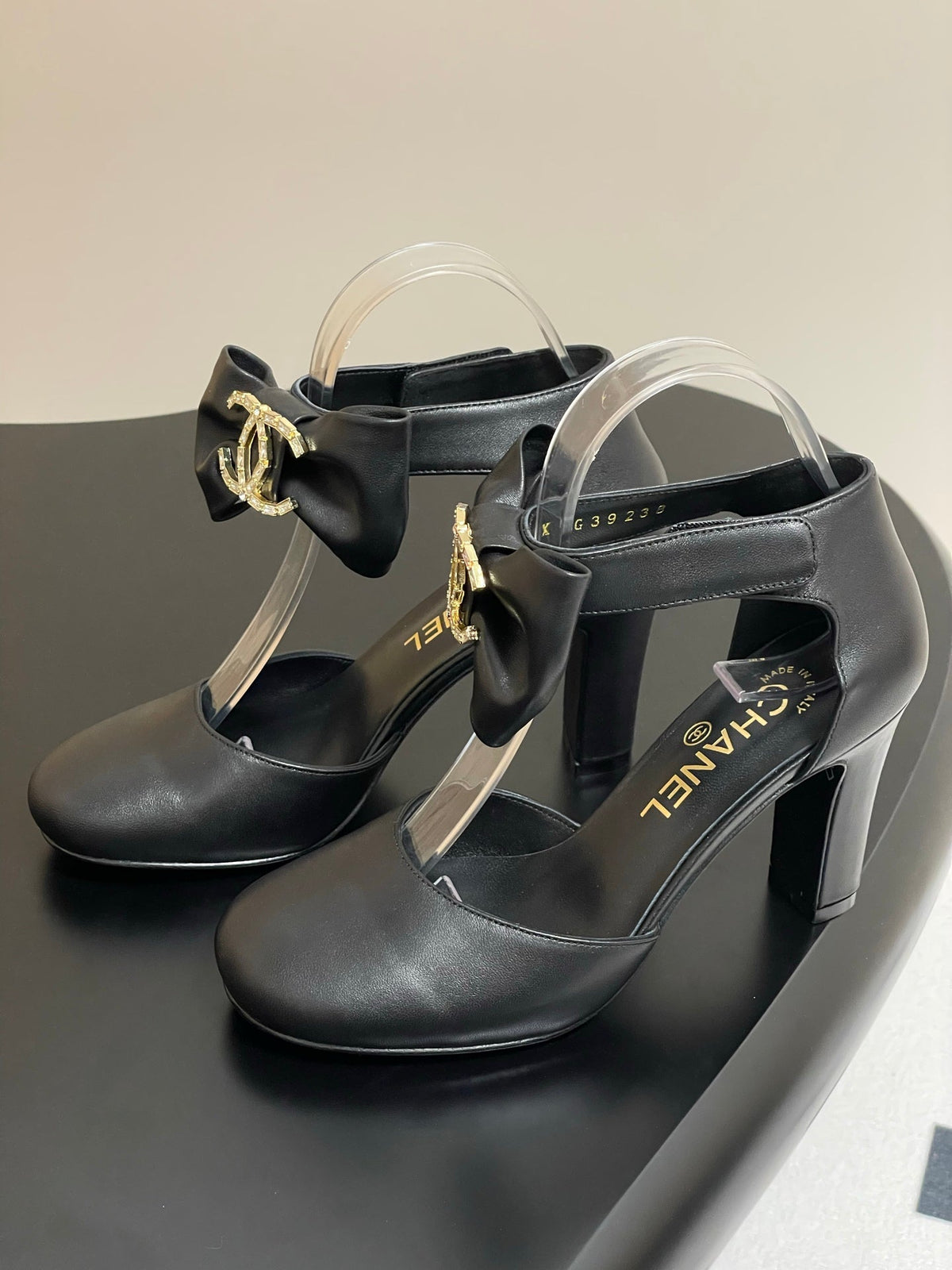 CC 25S Double C Rhinestone Buckle Bow High Heel Pump 85 Black Sheepskin 247573