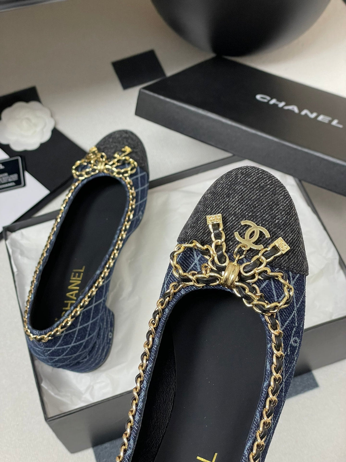 CC 25S 60mm Chain Bow Single Pumps Dark Blue Denim Black Grosgrain 247666