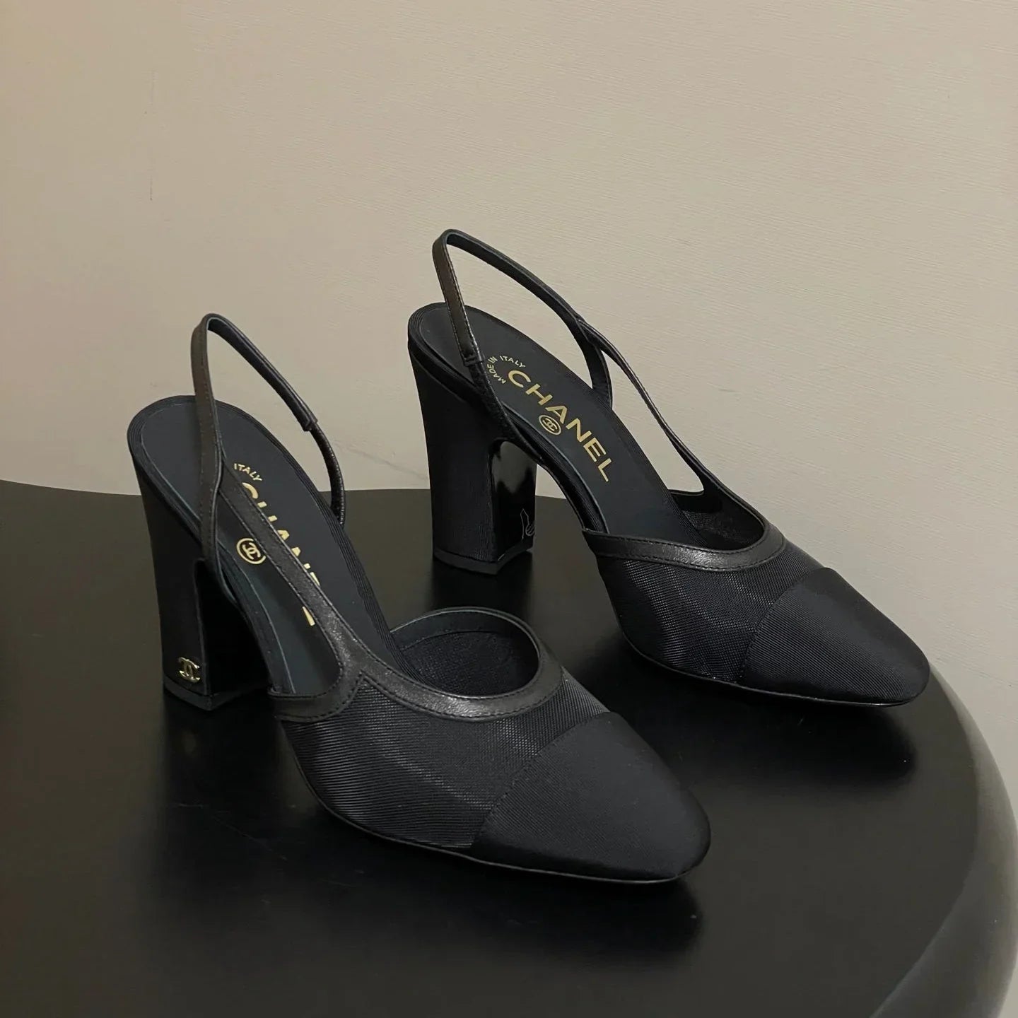 CC 26s Slingback 95 Black Mesh Fabric Sheepskin 649442