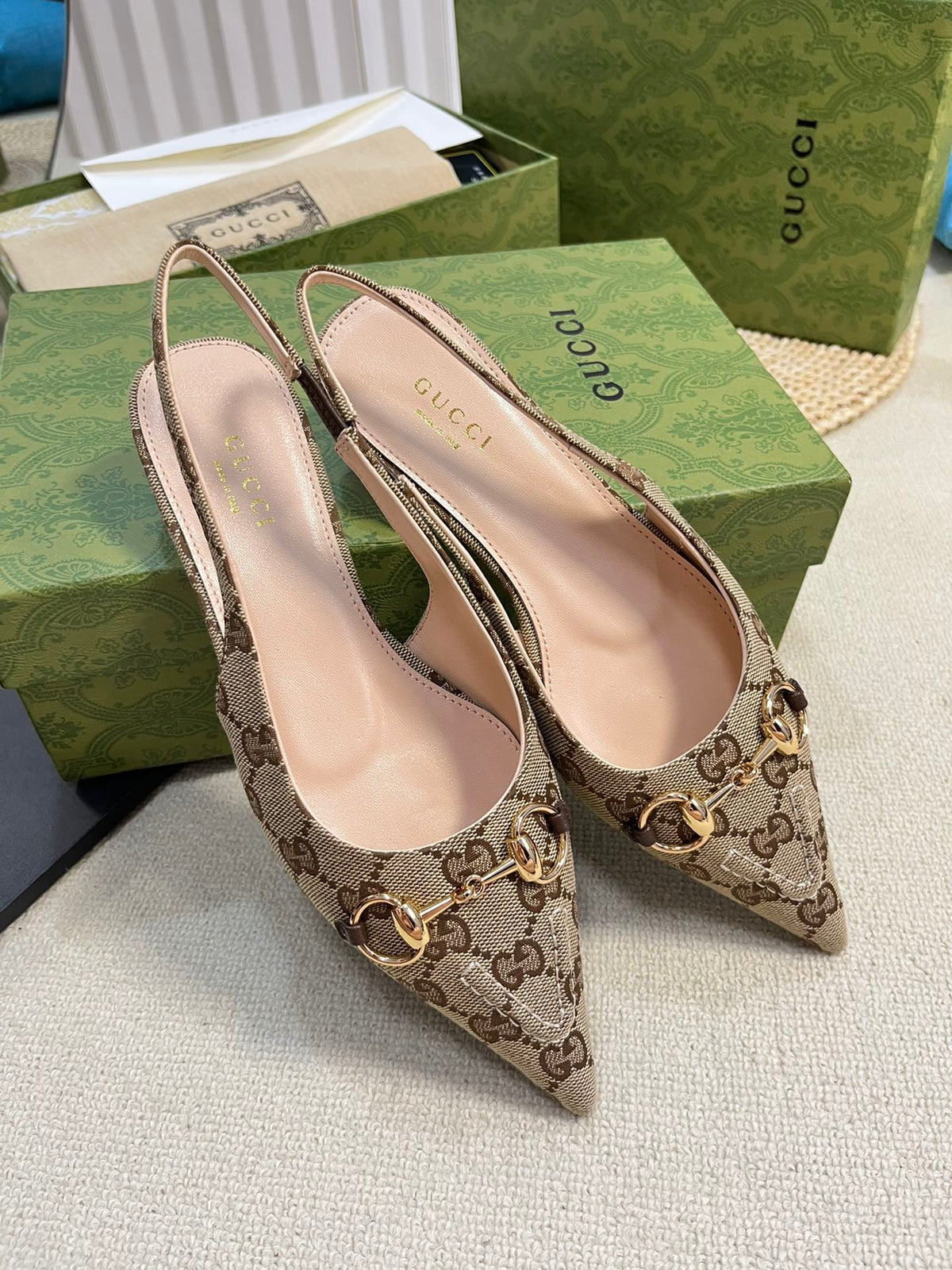 GC Horsebit Slingback Pump 10mm Beige mix Brown Canvas Sheepskin 294554