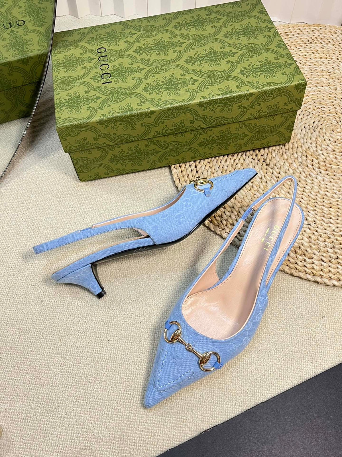 GC Horsebit Slingback Pump 50mm Blue Canvas Sheepskin 294546