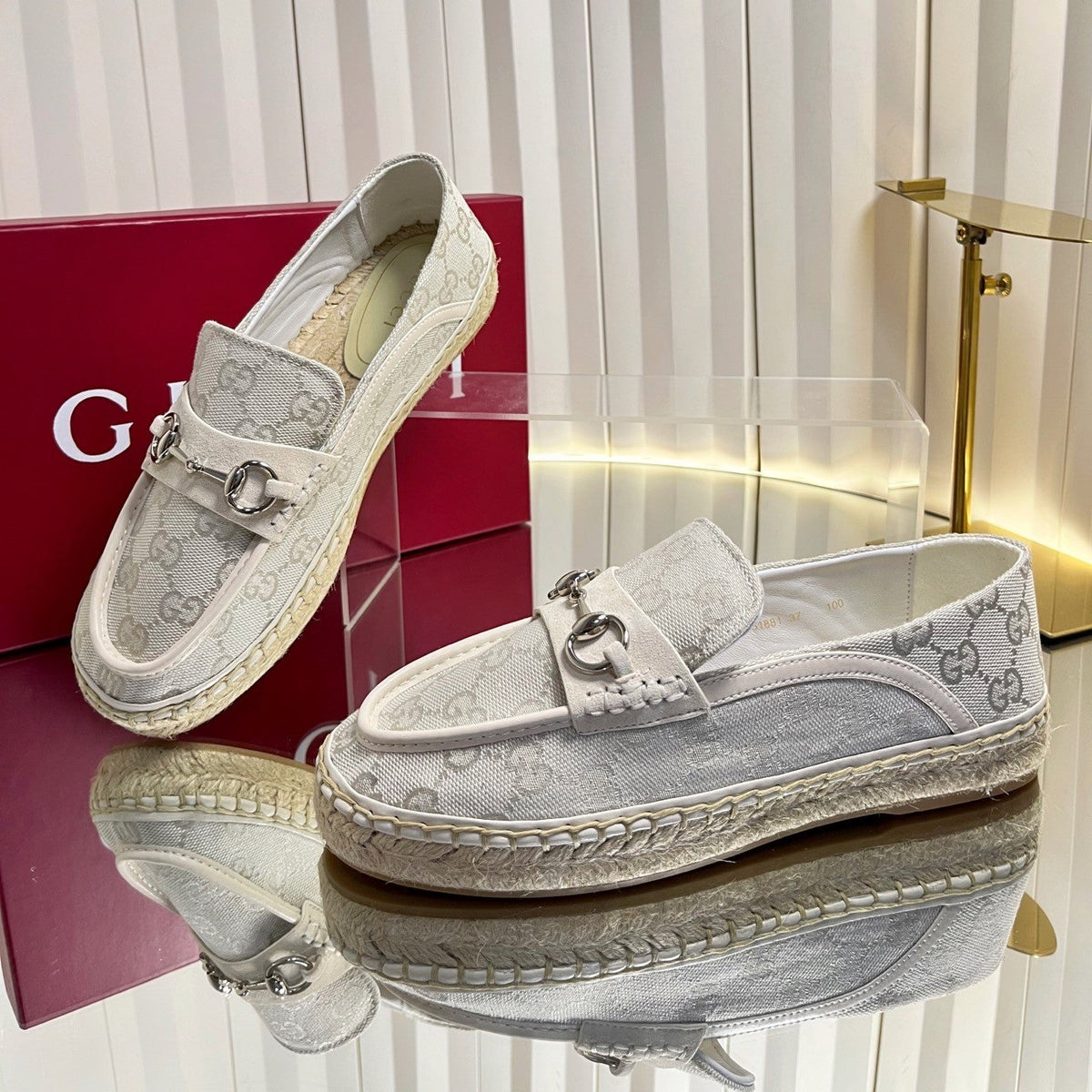 GG 26s Horsebit Espadrilles Flat Light Grey Canvas Suede 768178