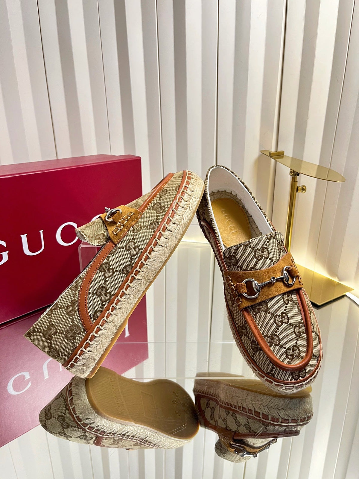 GG 26s Horsebit Espadrilles Flat Beige Brown Canvas Suede 768179