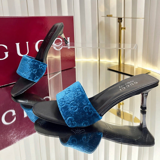 GG 26s Bombshell Sandal 5cm Black Blue Velvet Leather 768153