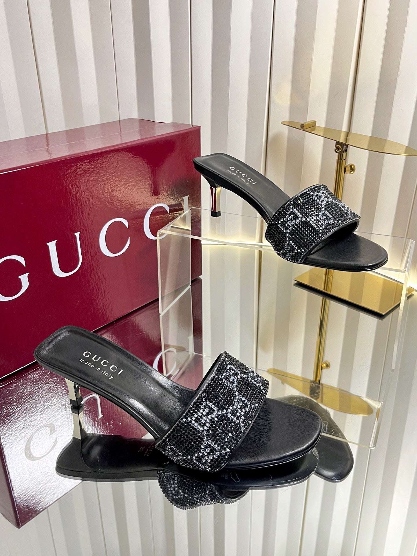 GG 26s Bombshell Crystal Sandal 5cm Black Mesh Leather 768159
