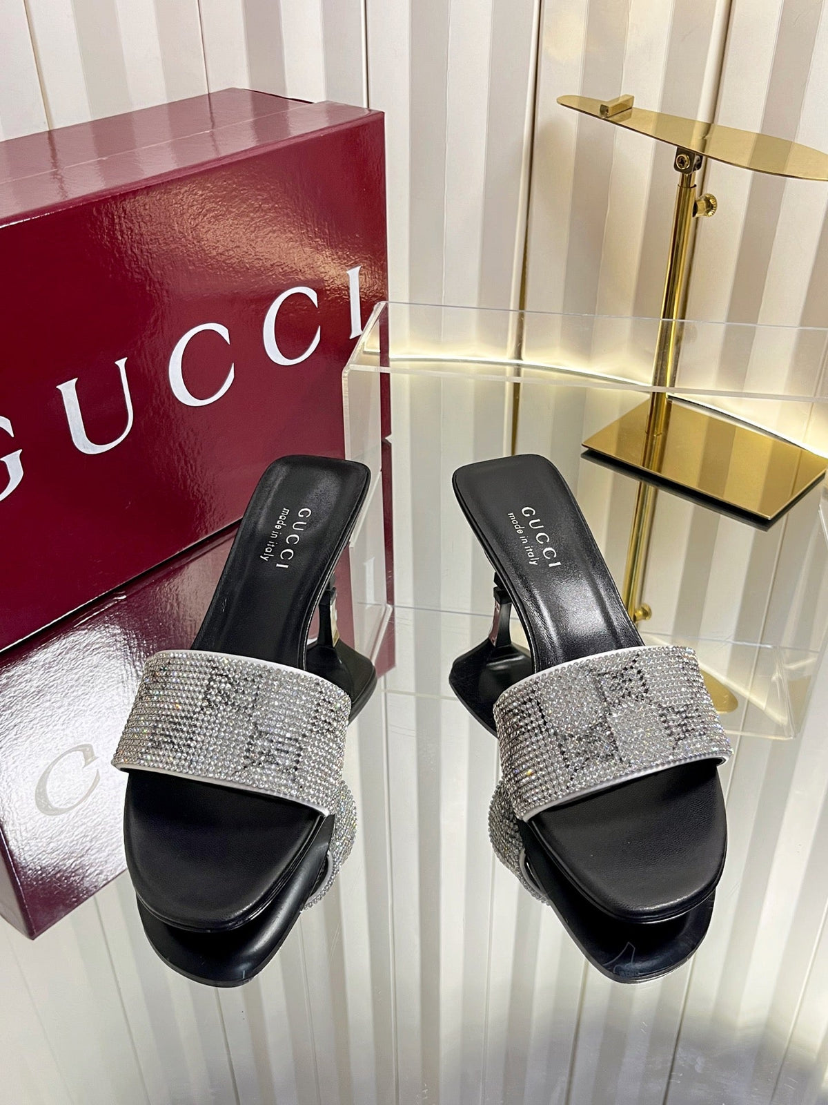 GG 26s Bombshell Crystal Sandal 5cm Black Sliver Mesh Leather 768160