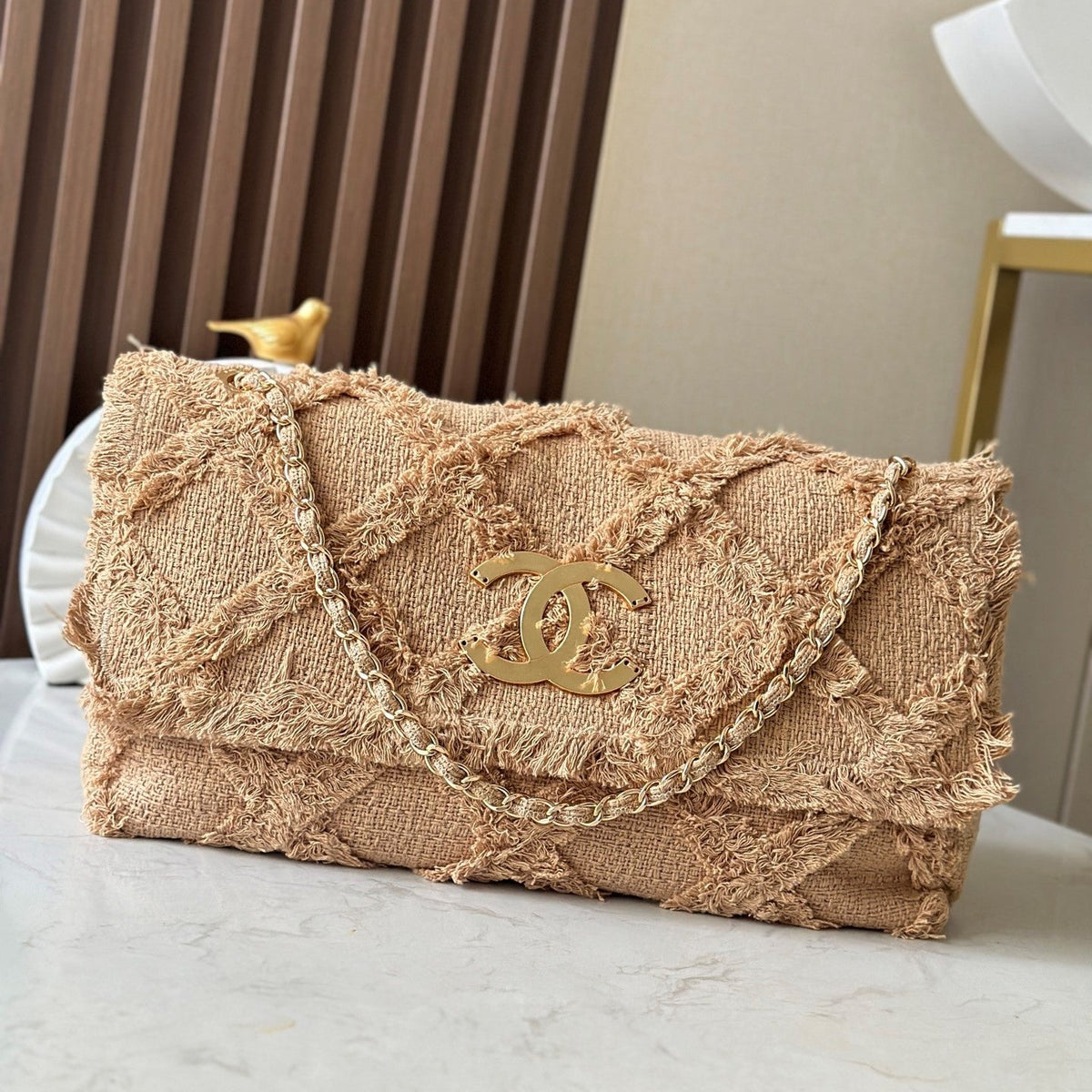 CC Nature Flap Bag 38cm Beige Tweed 275480