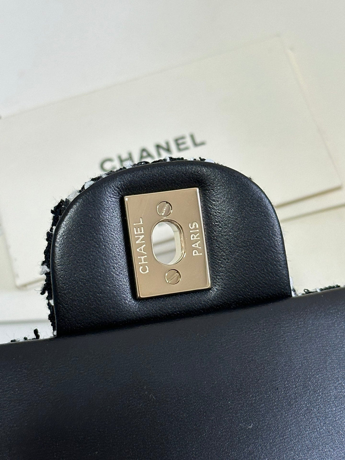 MINI FLAP BAG 20 ATTACHED SAQUINS IN BLACK MIX WHITE TWEED GOLD HARDWARE