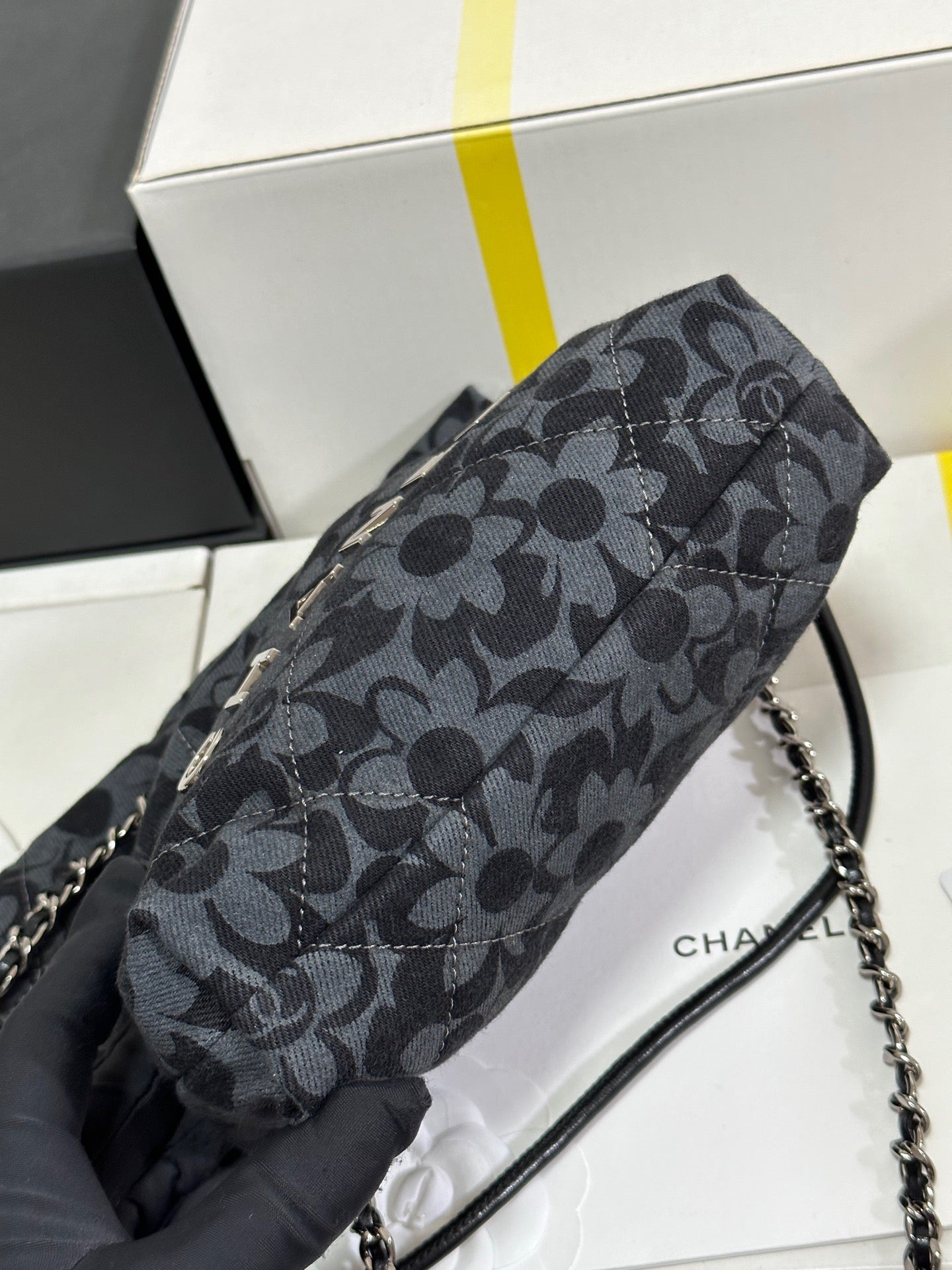 CC 22 Bag Mini Gray Black Camellia Pattern Demin Silver Hardware 243630