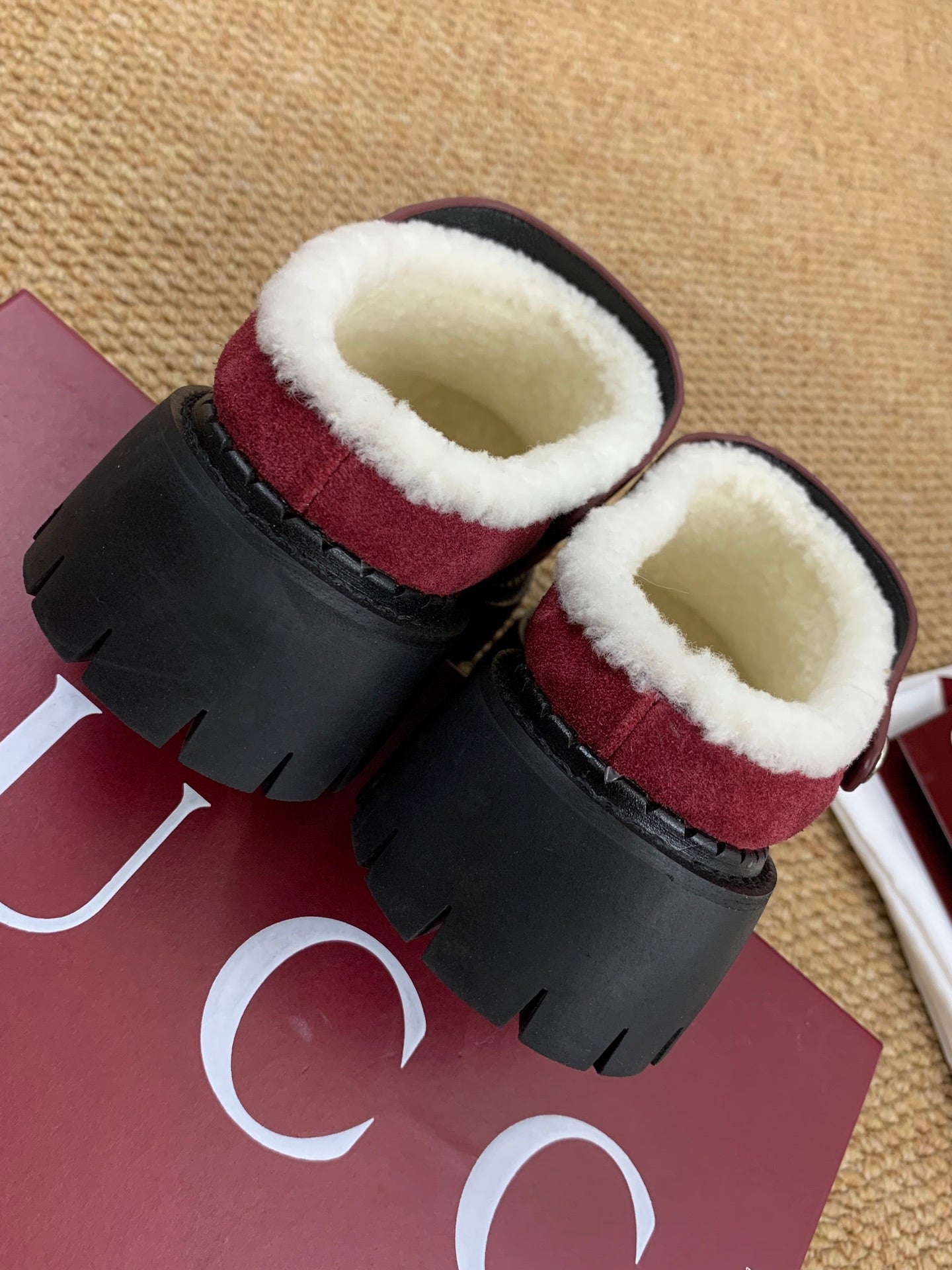 Gucci FW 25 Horsebit Suede Clog Red Suede with Shearling 506447