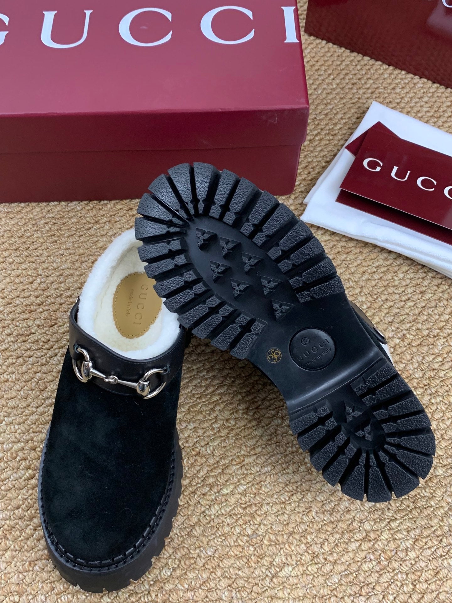 Gucci FW 25 Horsebit Suede Clog  Black Suede with Shearling 506445