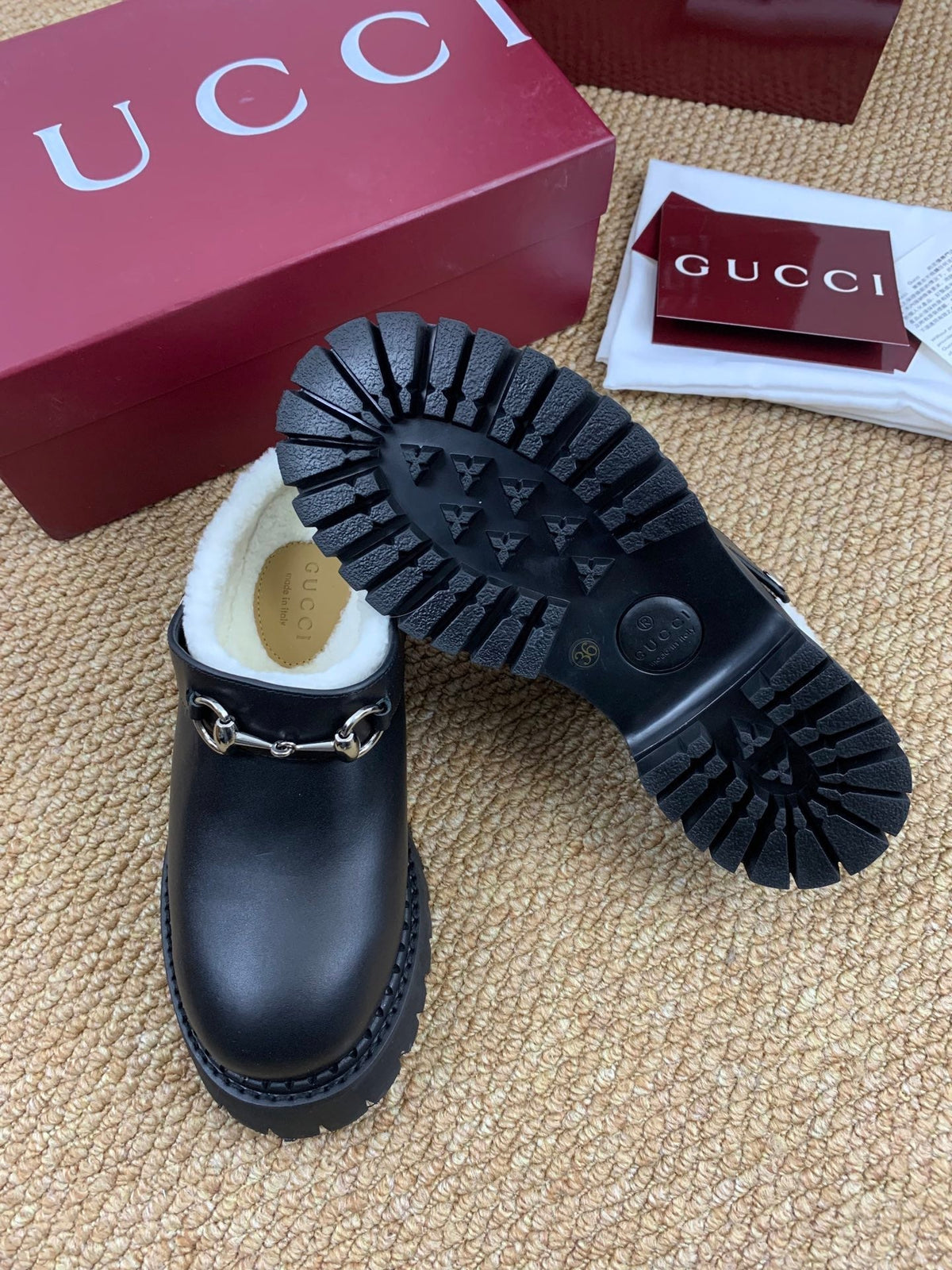 Gucci FW 25 Horsebit Suede Clog Black  Leather with Shearling 506443