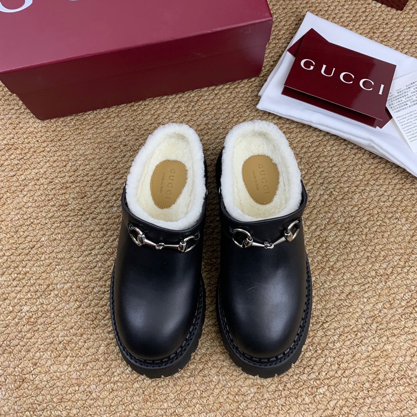 Gucci FW 25 Horsebit Suede Clog Black  Leather with Shearling 506443