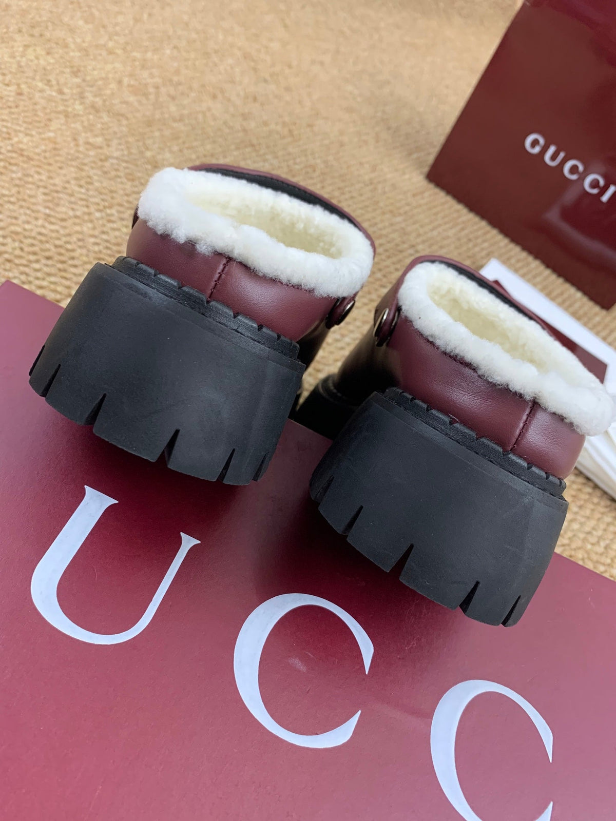 Gucci FW 25 Horsebit Suede Clog Deep Burgundy  Leather with Shearling 506442