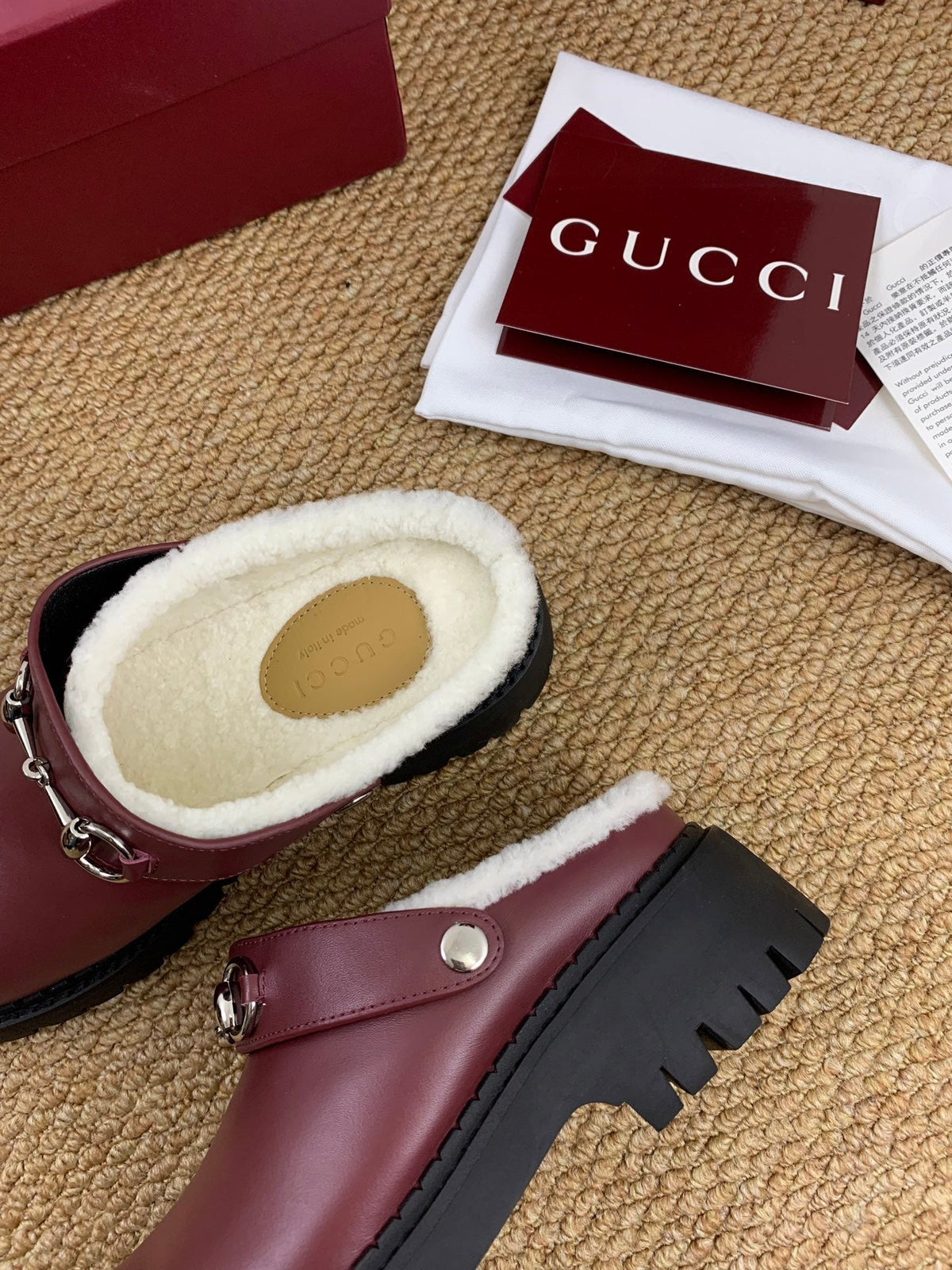 Gucci FW 25 Horsebit Suede Clog Deep Burgundy  Leather with Shearling 506442