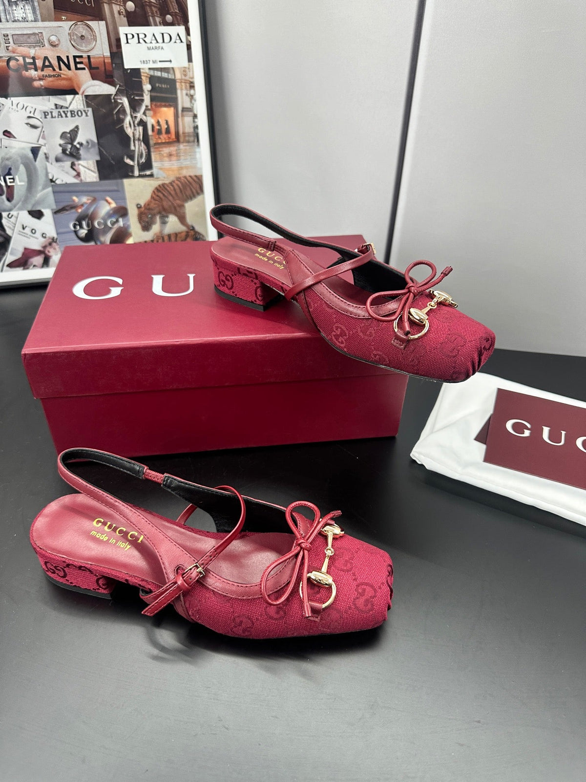 GG 26s Horsebit Slingback 2.5cm Burgundy Canvas 688316