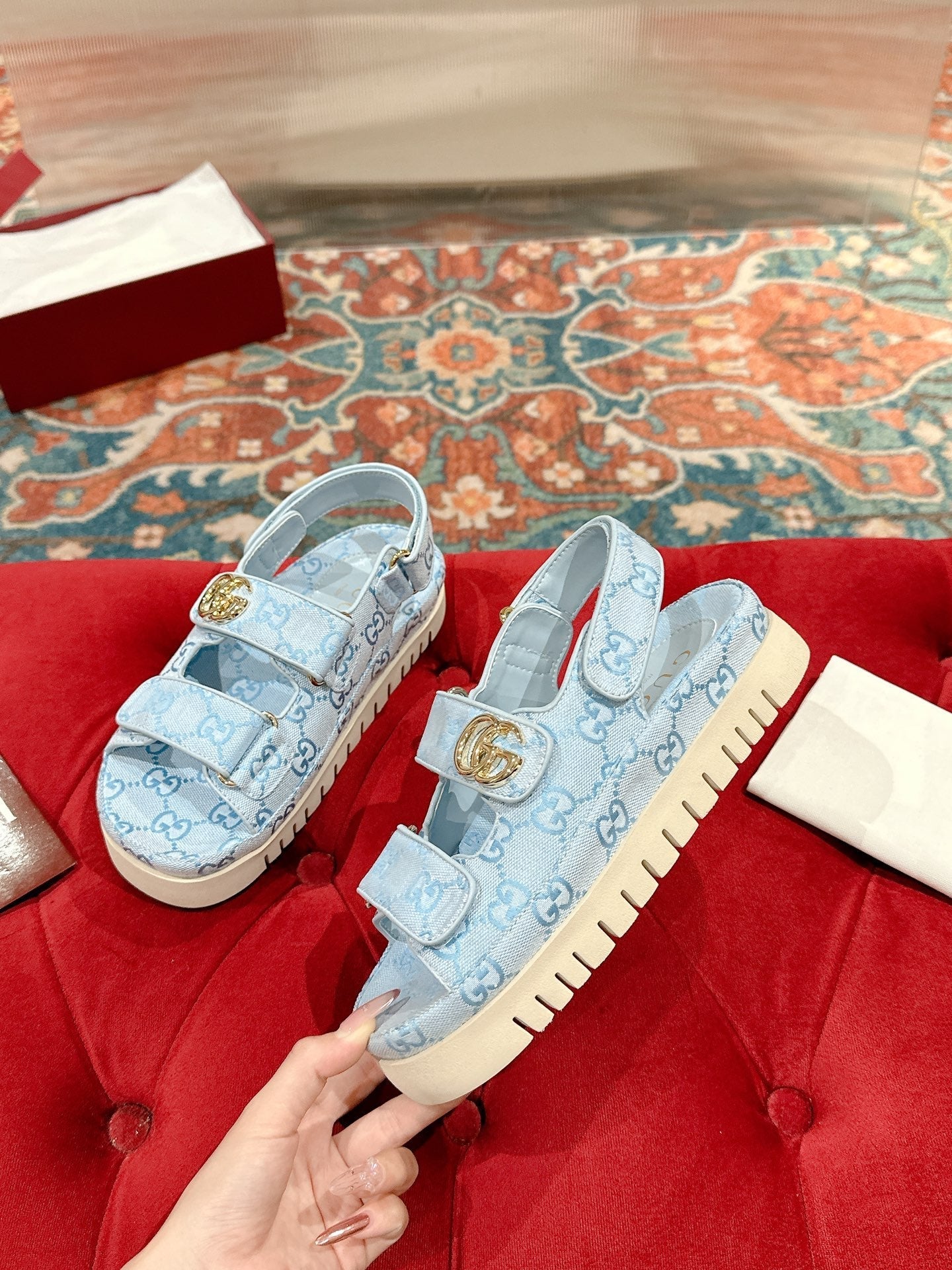 GG 26s Double G Sandals Light Blue Canvas 929383