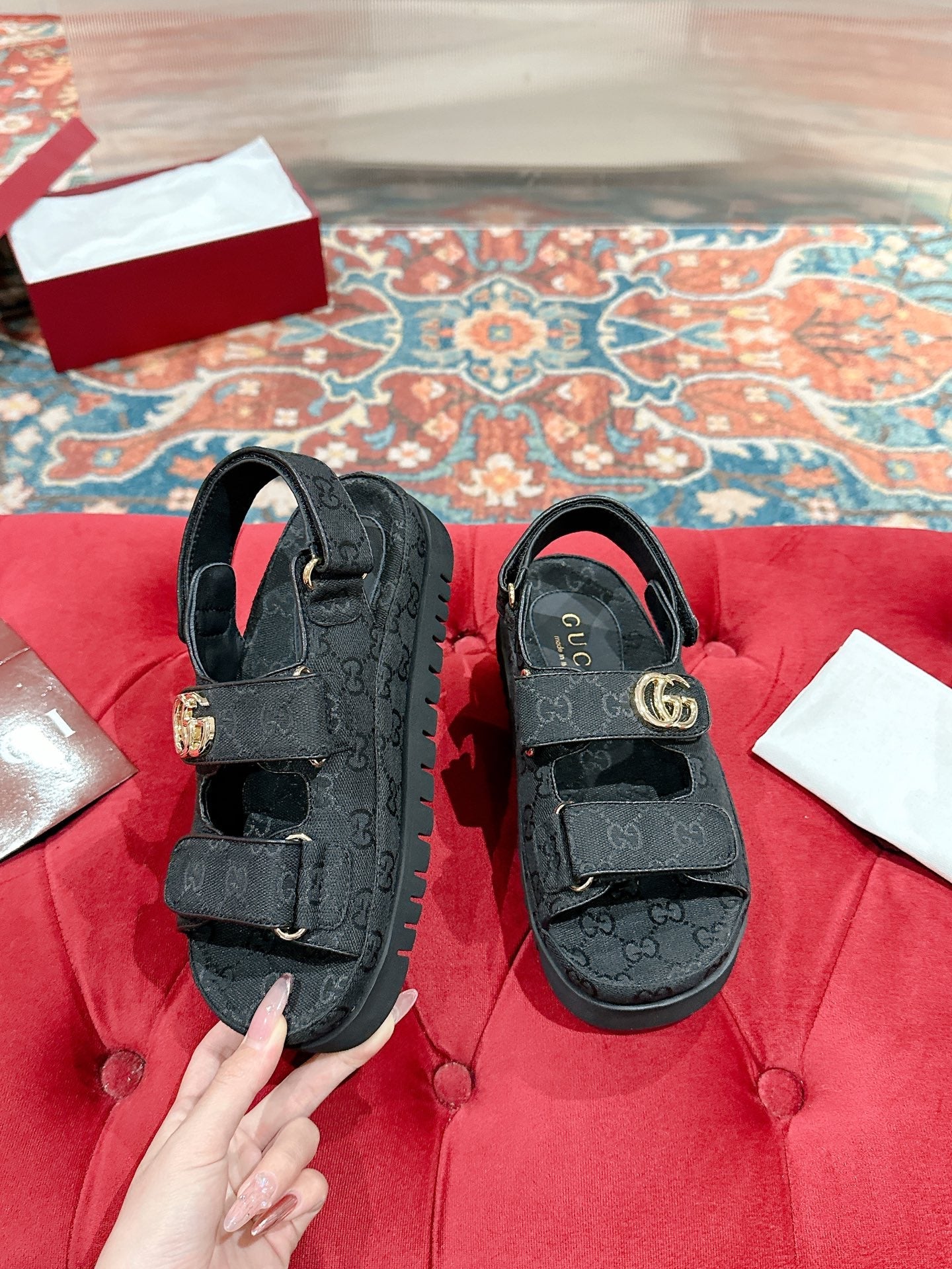 GG 26s Double G Sandals Black Canvas 929385