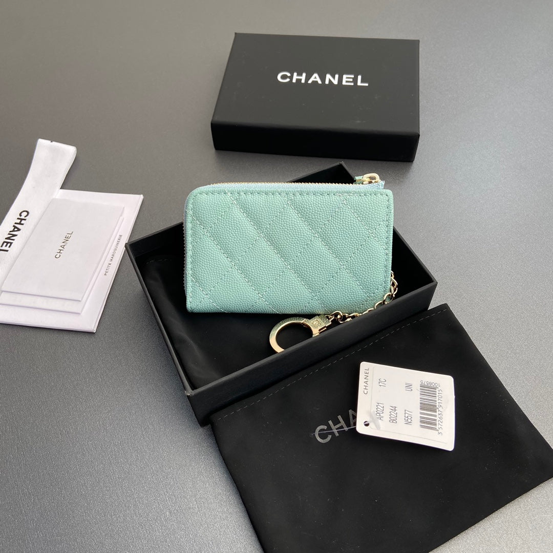 CC Hook & Chain Zipper Card Holder Light Blue Caviar GHW 234713