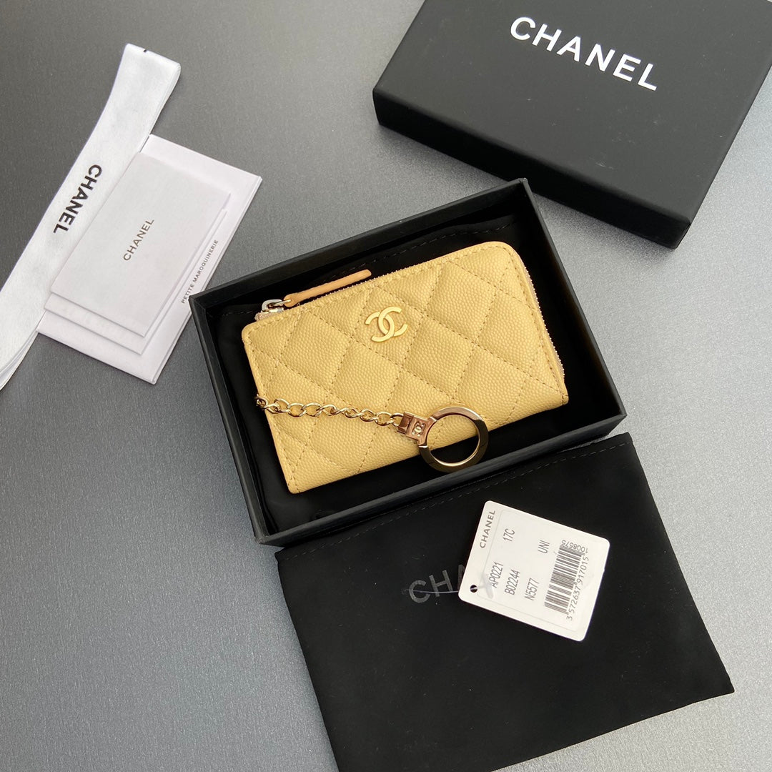 CC Hook & Chain Zipper Card Holder Yellow Caviar GHW 234715