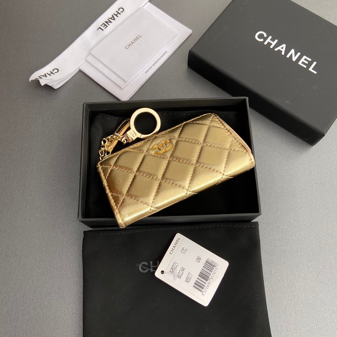 CC Hook & Chain Zipper Card Holder Gold Sheepskin GHW 234721