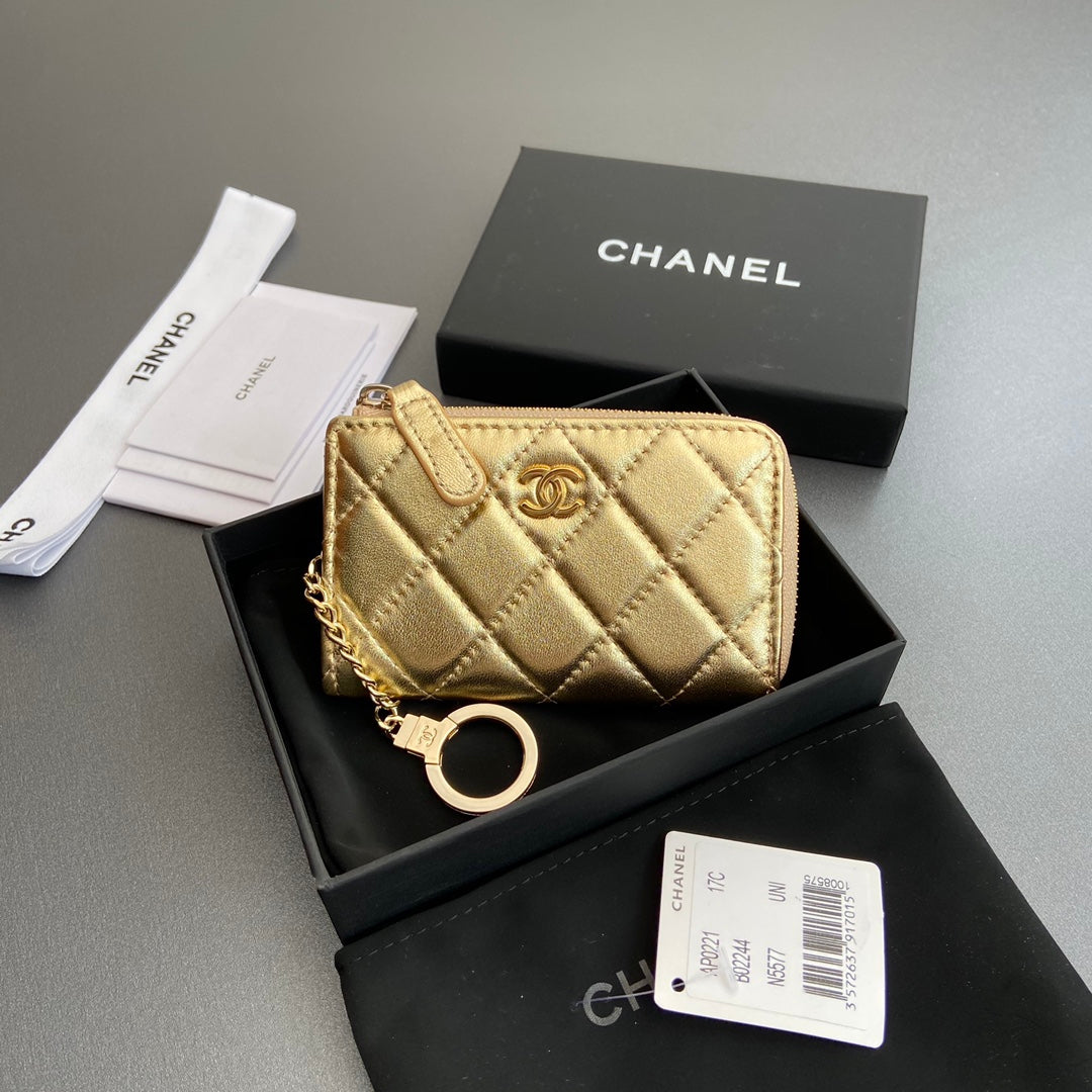 CC Hook & Chain Zipper Card Holder Gold Sheepskin GHW 234721