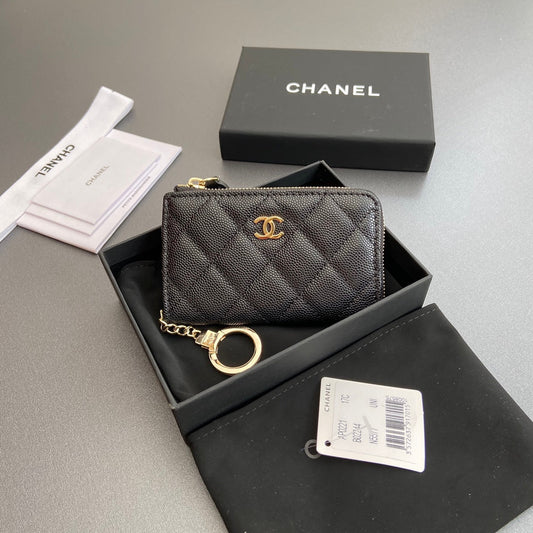 CC Hook & Chain Zipper Card Holder Black Caviar GHW 234733