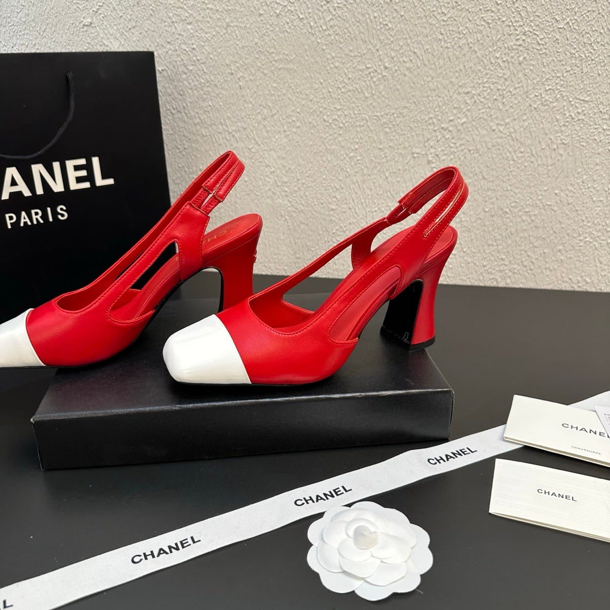 CC Slingback Block Heel White Red Leather 864114