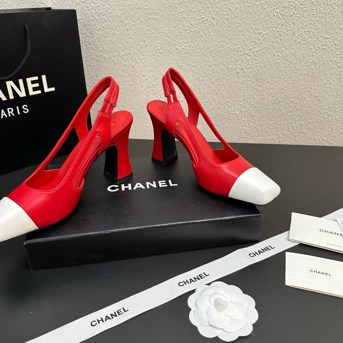 CC Slingback Block Heel White Red Leather 864114